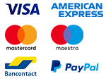 Visa, Master Card, Paypal, American Express, Maestro, Bancontact